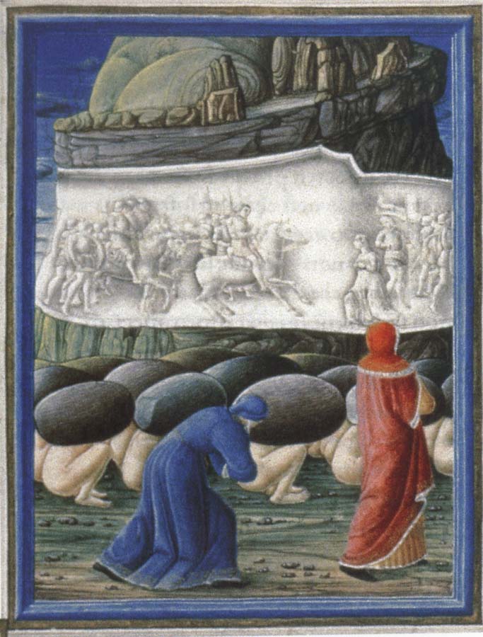 Dante,Guided by virgil bows before a relief depicting Emperor Trajan and the widow in canto X of the Purgatorio